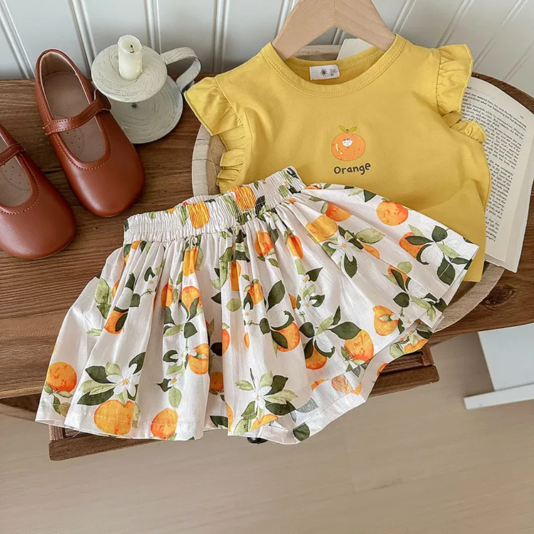  儿童套装夏季新品女童飞袖短袖T洋气可爱宝宝碎花短裤两件套
