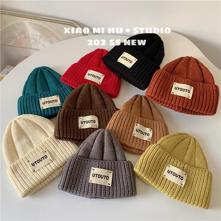 ins韩国宝宝洋气纯色字母套头毛线帽秋冬季韩版百搭儿童针织帽潮