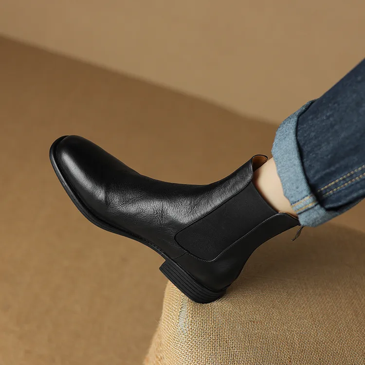 全牛皮断码清仓圆头短靴女2023秋冬新款加绒粗跟软底英伦风时装靴