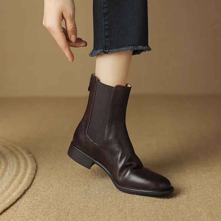 全牛皮断码清仓圆头短靴女2024秋冬新款粗跟软底英伦风加绒时装靴