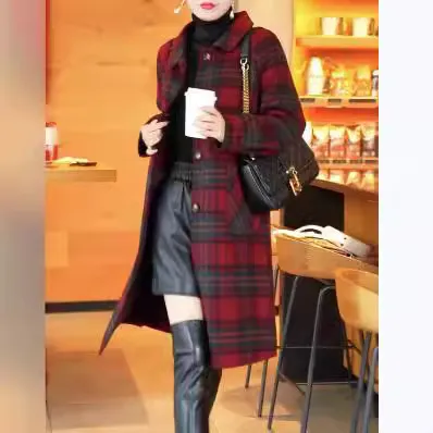 22933大爱美依缘新款毛呢外套格子大衣2024秋冬女时尚中长款格呢