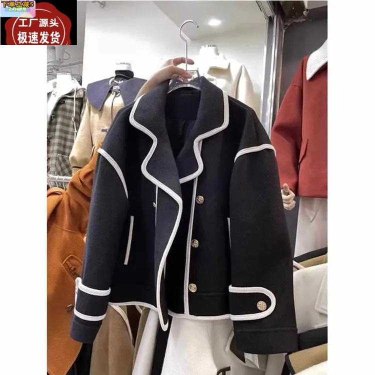 设计感小香风黑色单排扣毛呢外套女2023秋冬新款大码显瘦呢子西装