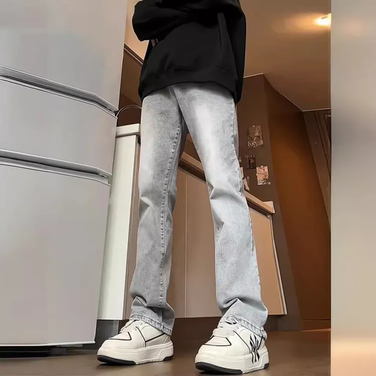 水泥灰直筒牛仔裤男春秋季cleanfit微喇裤子修身显瘦宽松微喇裤潮