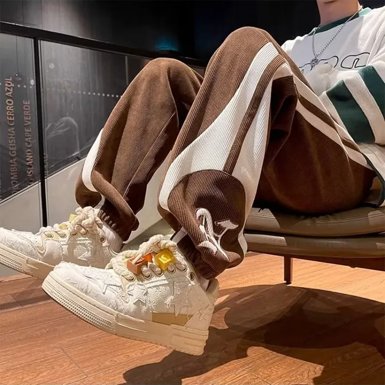 美式高街拼接撞色休闲裤春秋季男学生灯芯绒卫裤oversize束脚卫裤