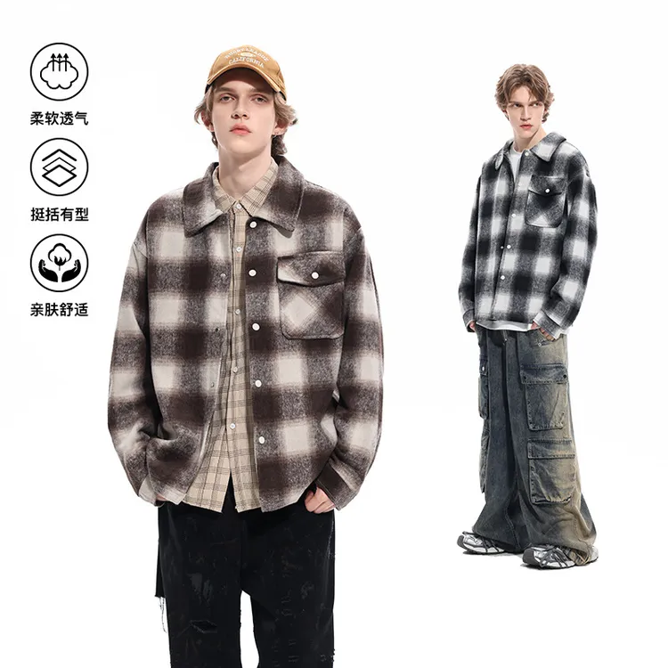 小香风翻领格子保暖棉服男士冬季高级感情侣潮牌休闲毛呢衬衫外套