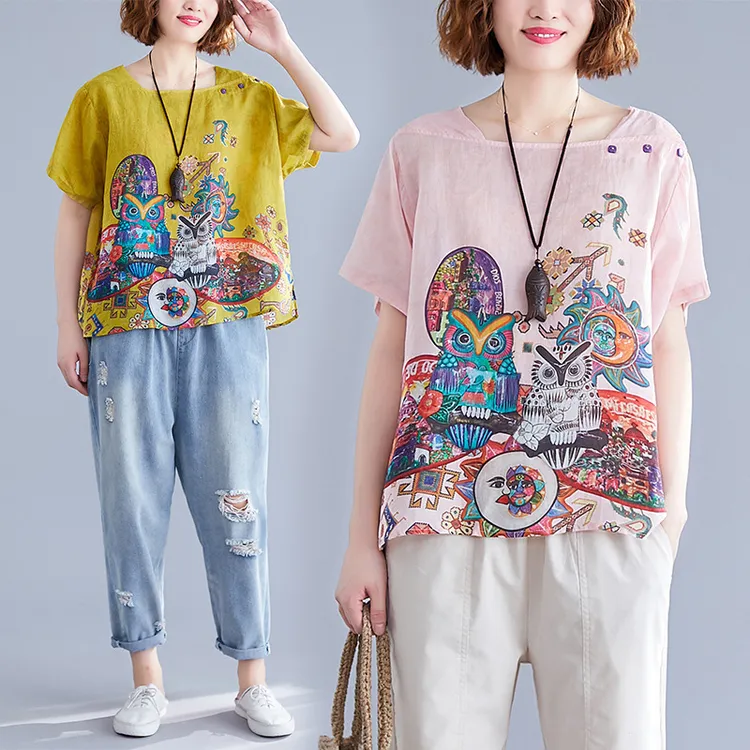 胖MM大码女装2022夏宽松大码复古猫头鹰图像印花棉麻短袖T恤上衣