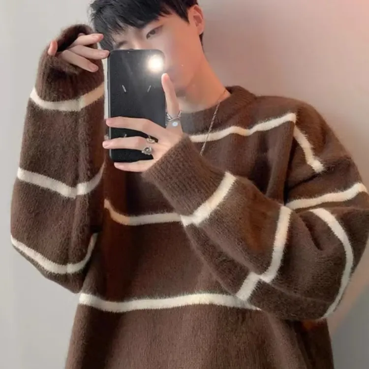 条纹圆领毛衣男装秋冬季新款内搭针织衫外套宽松慵懒风线衣高级感