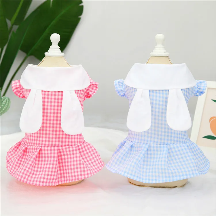 猫咪狗狗可爱春夏新款萌兔耳朵格子裙保暖衣舒适泰迪比熊热卖