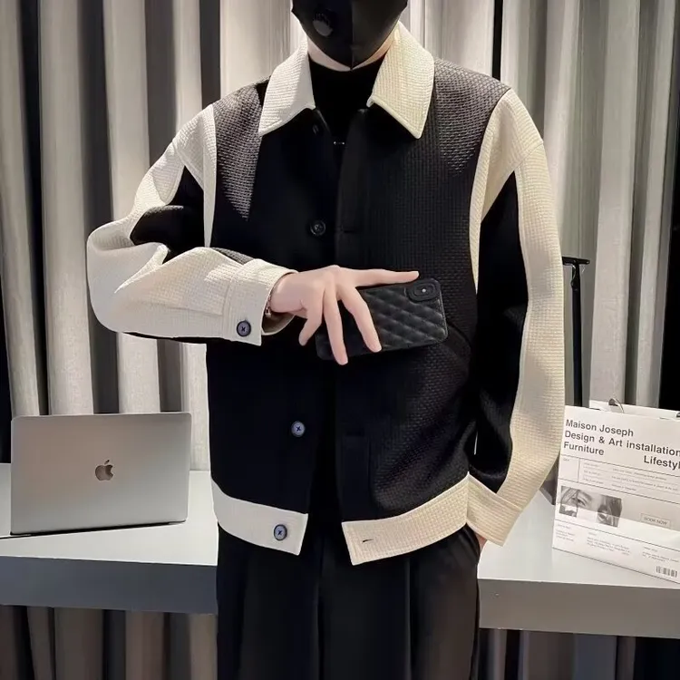 痞帅外套男春秋款潮牌高街干潮流休闲时尚拼色翻领飞行员夹克上衣