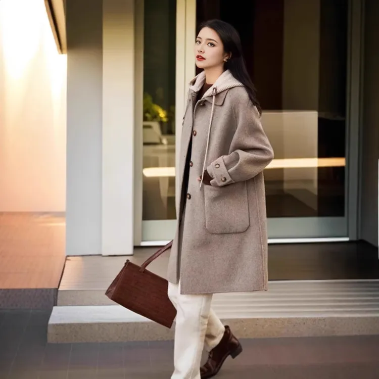 2024秋冬新款毛呢大衣女高级感慵懒风洋气优雅减龄连帽毛呢外套女