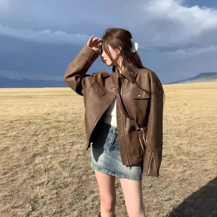 美式复古咖色宽松显瘦皮衣外套夹克短款机车女