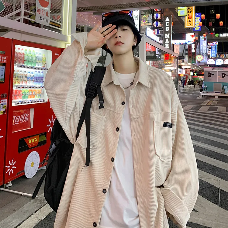 日系嘻哈衬衫男春秋季网红超火上衣服痞帅潮流休闲灯芯绒衬衣外套