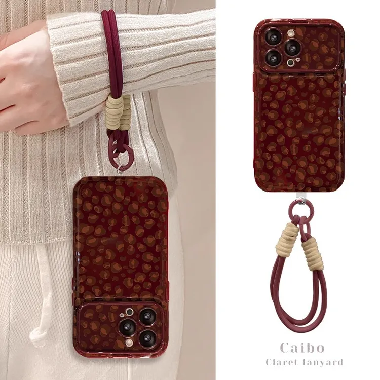 满屏豹纹挂绳适用苹果15酒红色手机壳14PROMAX大视窗13翻盖镜子12