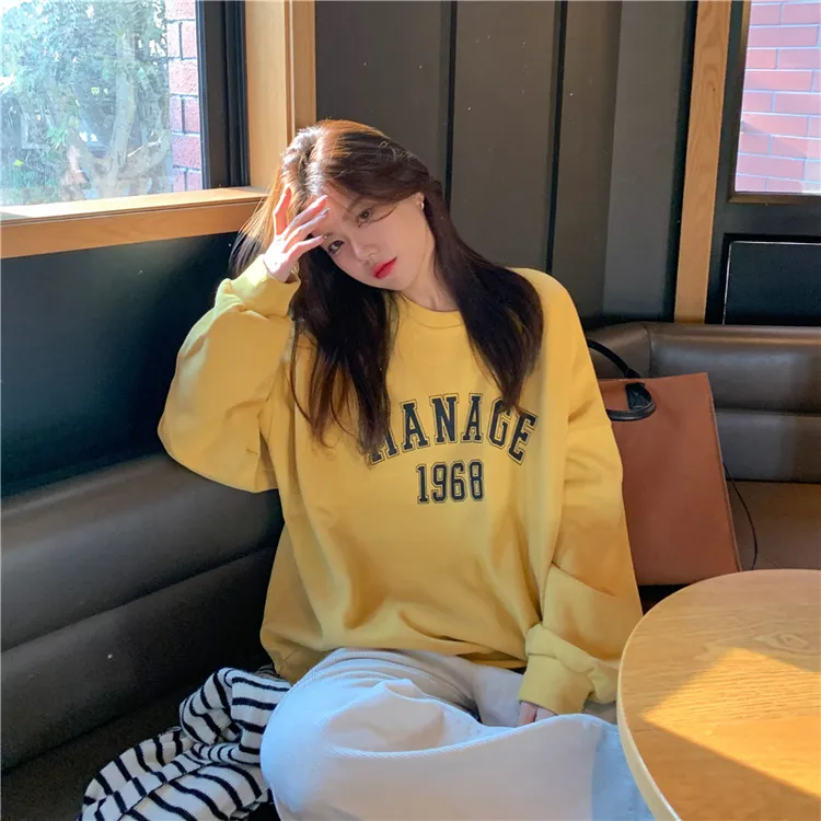 oversize落肩卫衣女早秋2024新款无帽宽松中长款字母印花长袖上衣