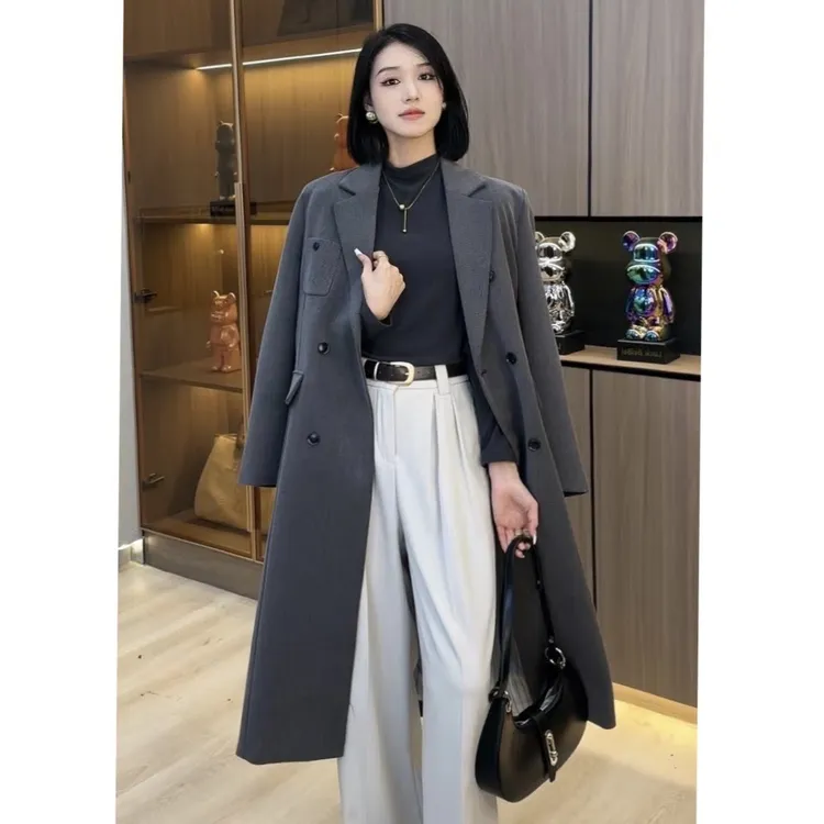 欧颍昇女秋季新款复古时尚气质宽松长款西装外套休闲百搭大衣821