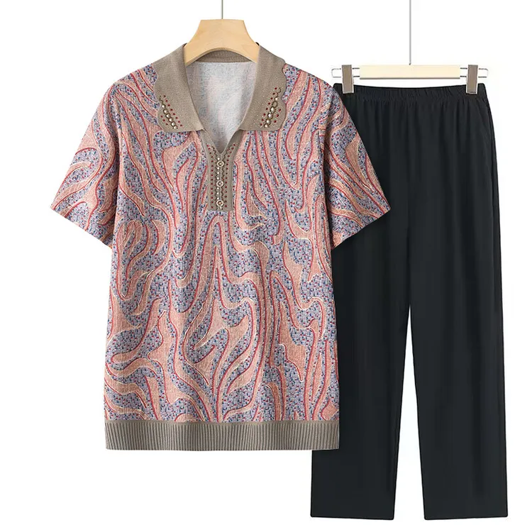 奶奶夏季套装短袖妈妈两件套大码洋气中老年女装宽松T恤2024新款