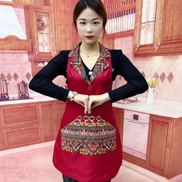 【经典】民族风新品红色翻领围裙西装领吃火锅厨房餐饮餐厅工作服