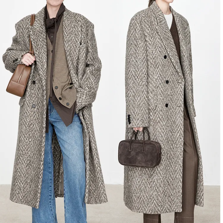 秋冬保暖人字纹外套专柜款限量廓形王炸休闲宽松羊驼毛呢西装大衣