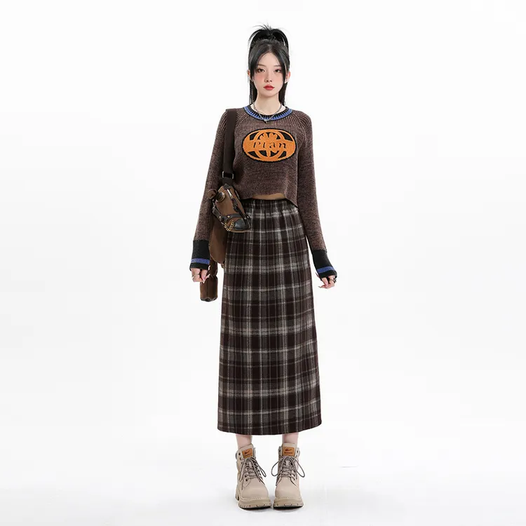 高腰中长款复古半身毛呢裙秋冬季新款加绒格子显瘦百搭半身裙女