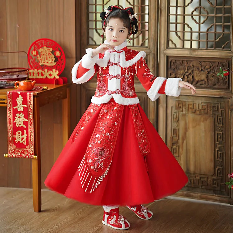 新款汉服女童冬季加绒中国风拜年服冬款女宝古装红色喜庆女孩唐装