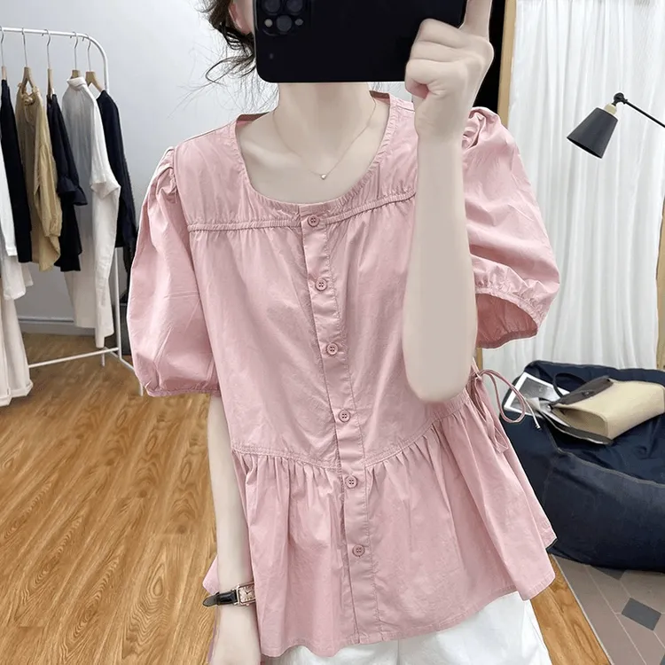 宽松显瘦休闲短袖衬衫女2025夏季新款气质减龄娃娃衫清新甜美小衫