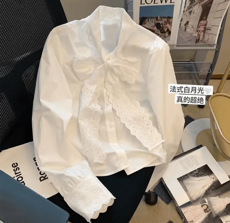 蝴蝶结蕾丝花边长袖衬衫女款2025春秋爆款法式高级感百搭外穿上衣