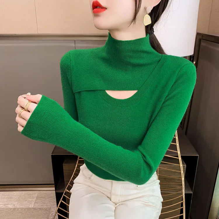 绿色毛衣洋气2025新款修身针织衫半高领镂空打底衫女秋冬时尚内搭