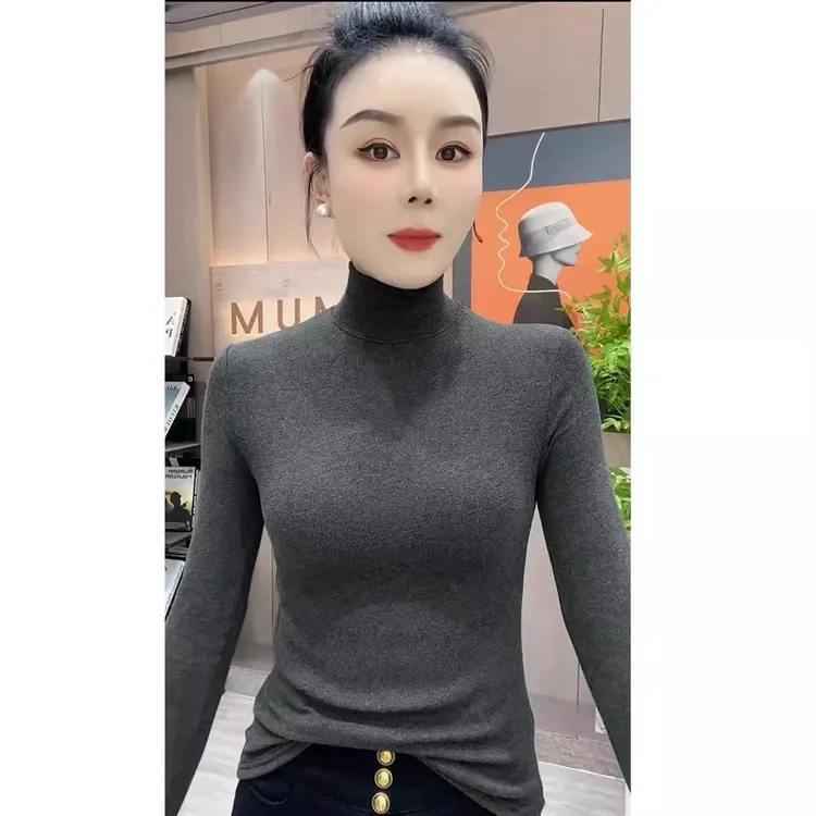 灰色半高领打底衫女毛衣秋冬小香风内搭高级感中领长袖针织衫上衣