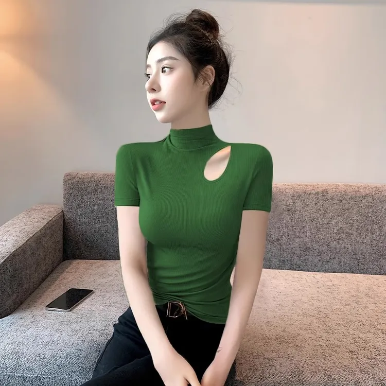 绿色短袖女修身半高领镂空上衣洋气2025新款轻熟风紧身打底针织衫