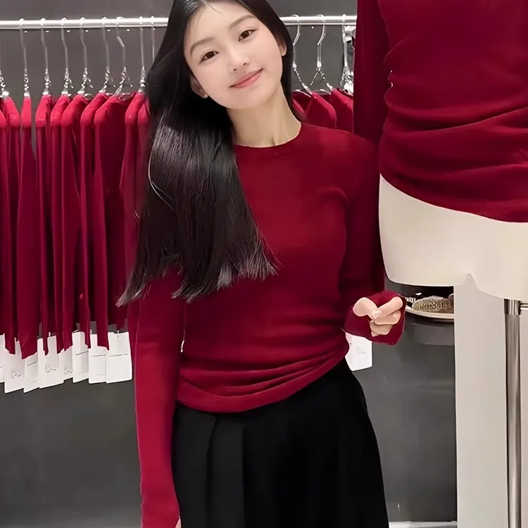 安哥拉红色圆领针织衫女秋冬韩系氛围感红茶风穿搭修身打底衫上衣