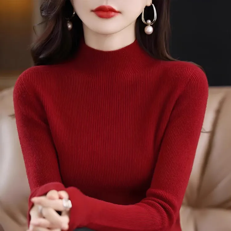 2025新款修身半高领打底衫女秋冬内搭修身安哥拉红厚款针织衫毛衣