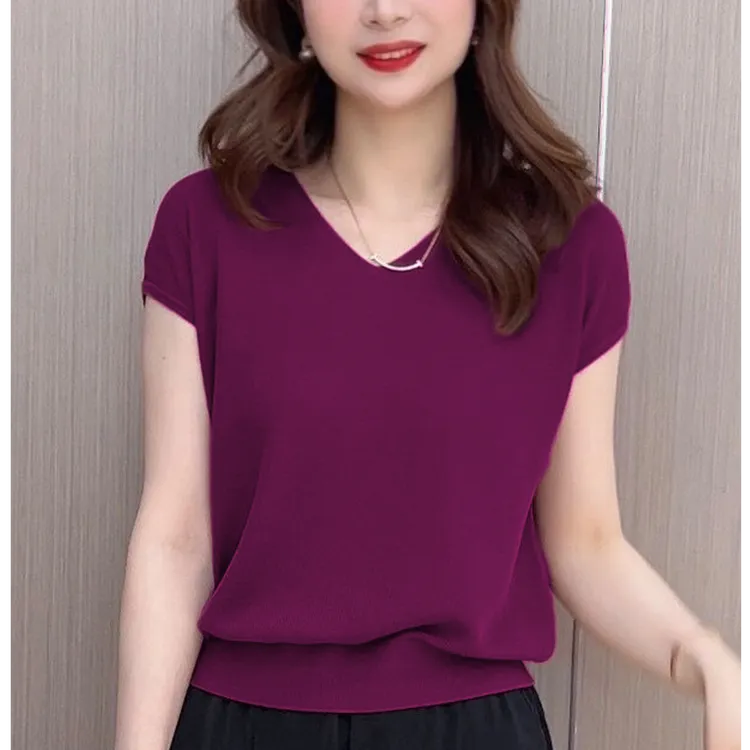 薄款v领冰丝短袖t恤女2025新款夏季洋气减龄宽松显瘦百搭别致上衣