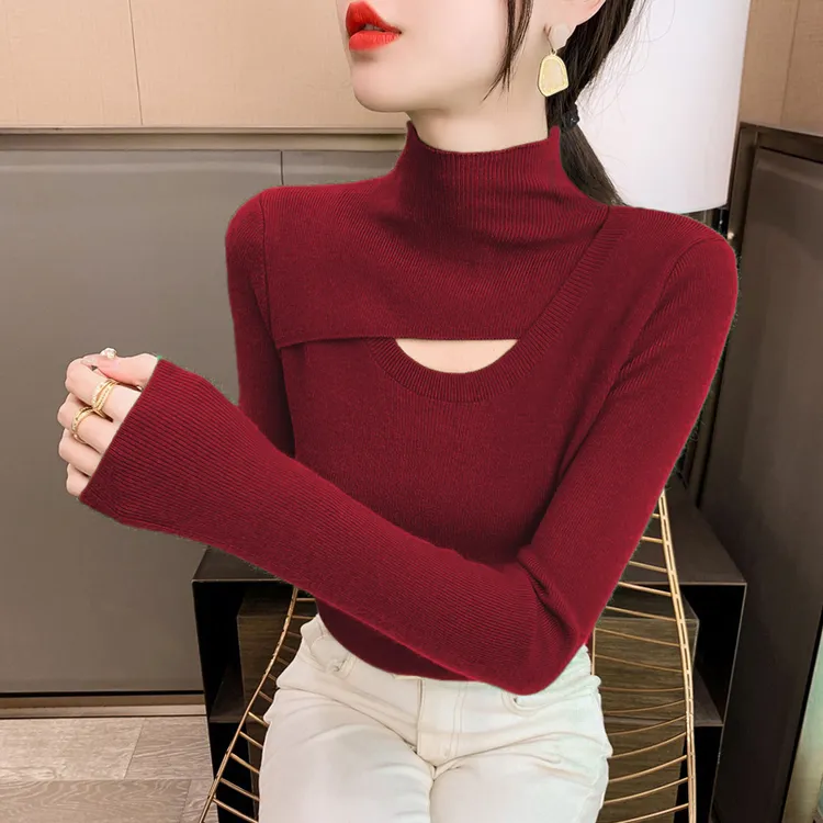欧货半高领镂空打底衫女秋冬修身内搭复古红毛衣洋派针织上衣