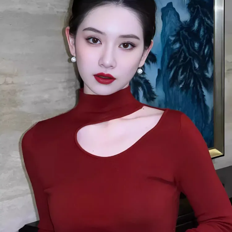 法式半高领镂空性感打底衫女秋冬内搭修身安哥拉红毛衣气质针织衫