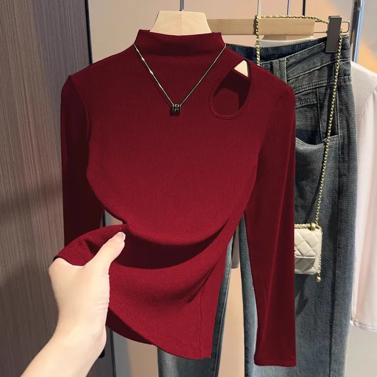法式安哥拉红打底衫女秋冬内搭修身半高领镂空上衣洋气百搭针织衫