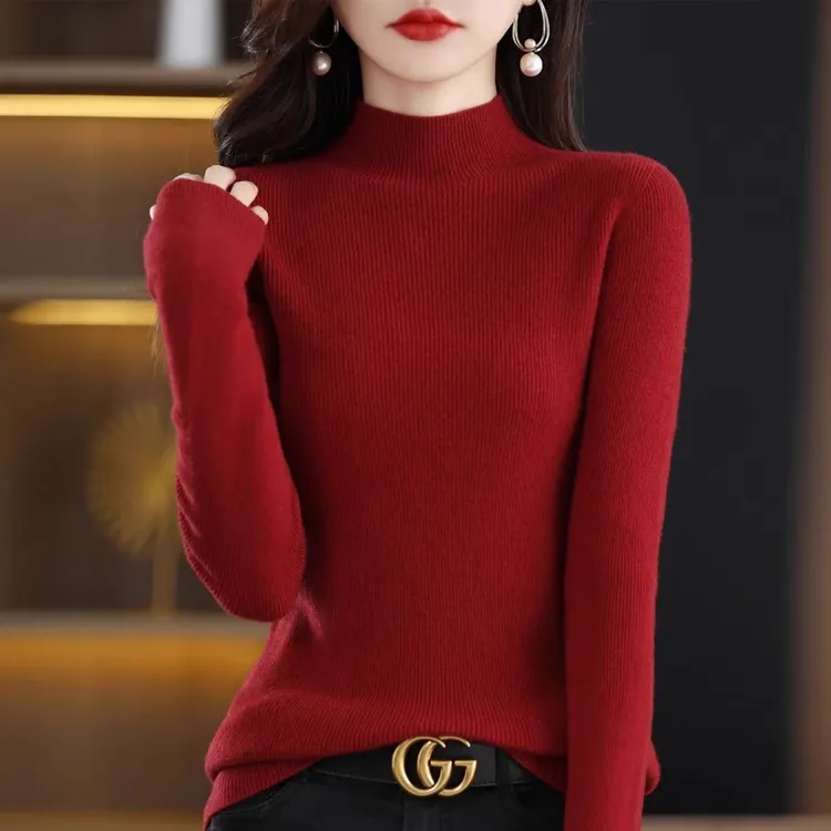 法式安哥拉红半高领打底衫女秋冬内搭修身显瘦中领毛衣洋气针织衫