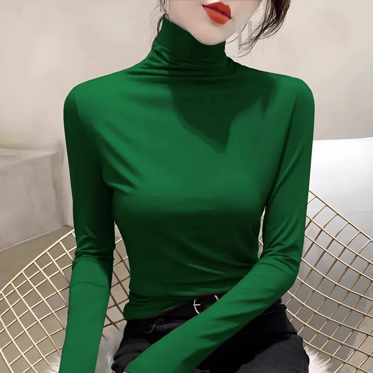 法式绿色高领羊毛针织衫女秋冬百搭气质薄款修身内搭长袖打底毛衣
