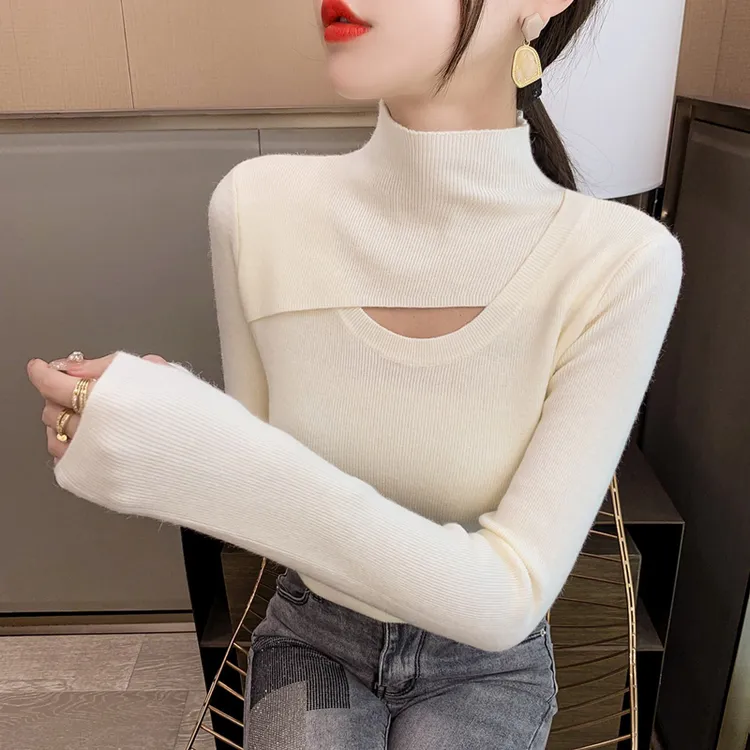 半高领镂空打底衫女秋冬内搭中领针织衫洋气2025新款修身百搭毛衣
