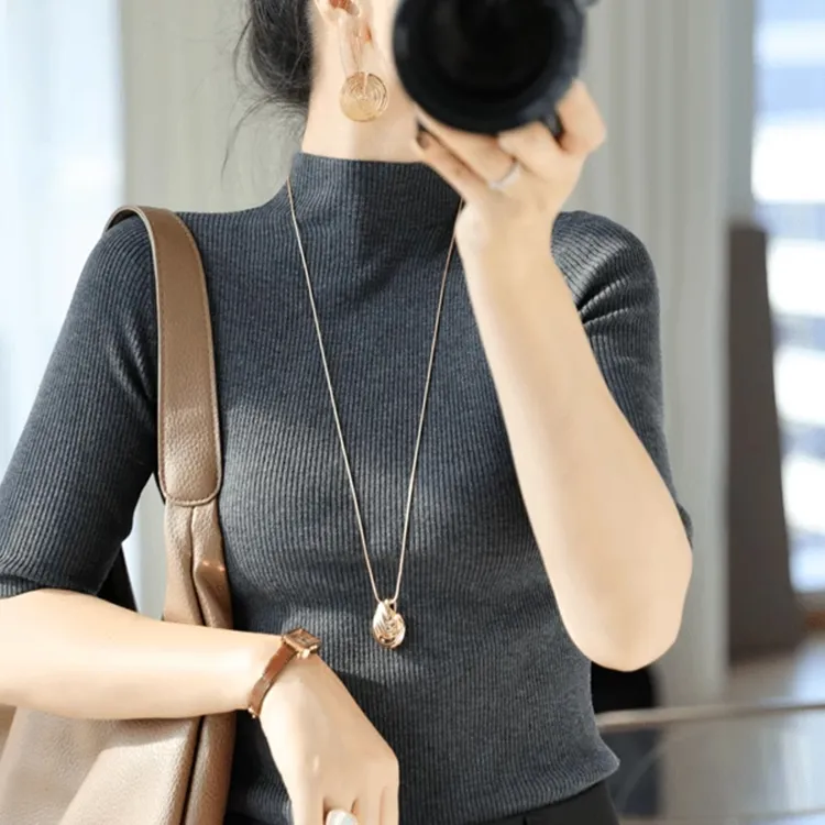 五分袖上衣半高领羊毛中袖针织衫女修身春秋内搭打底衫深灰色毛衣