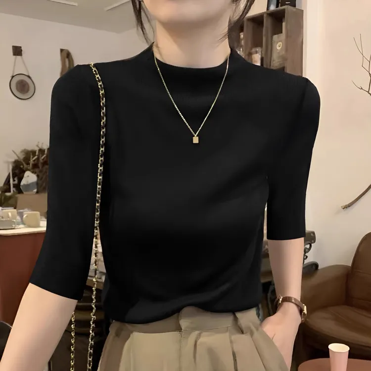 打底衫女春秋内搭修身半高领中袖上衣洋气2025年新款五分袖针织衫