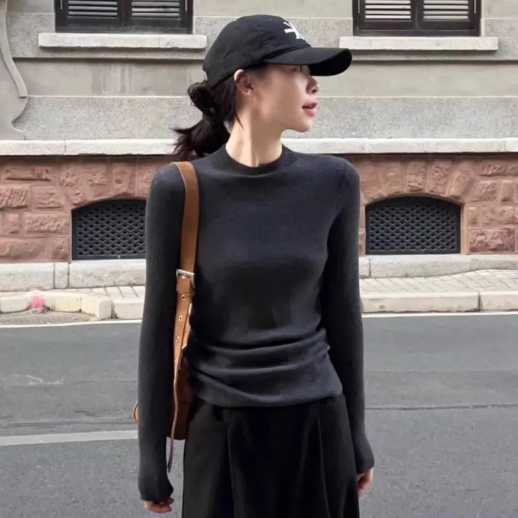 灰色半高领针织衫女秋冬修身紧身薄款毛衣内搭打底衫正肩长袖上衣