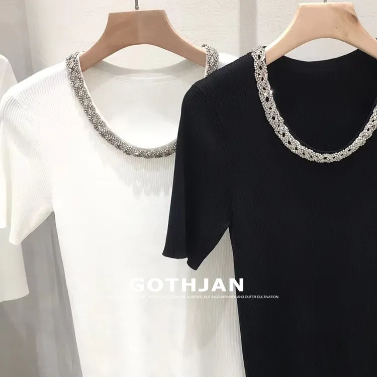 南油高端女装精致优雅短袖针织衫女24春秋款冰丝修身圆领轻奢上衣