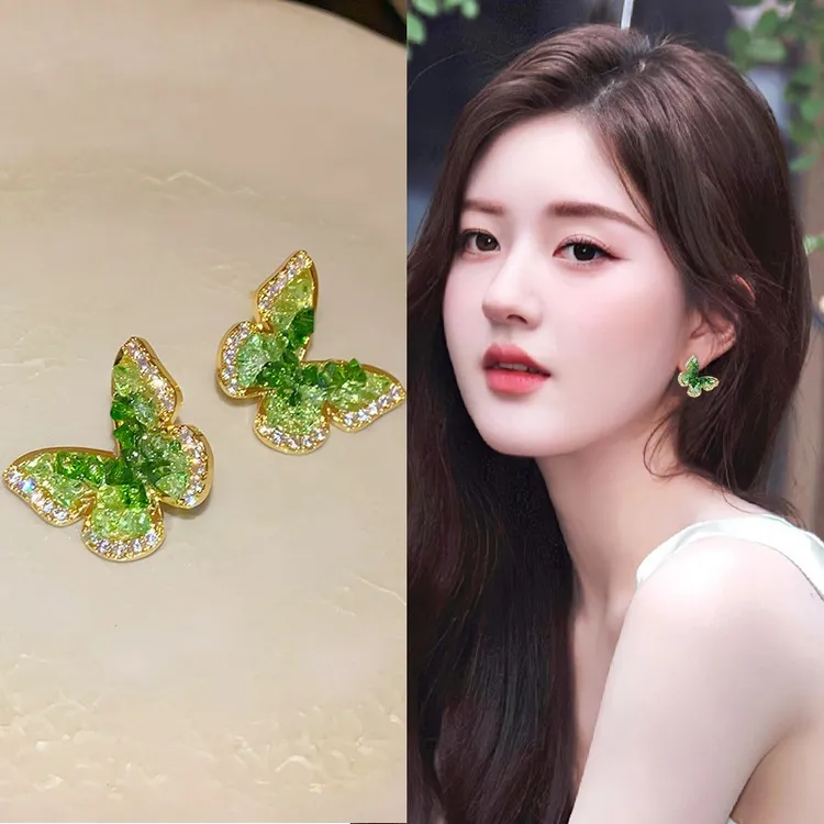 赵露思同款耳环高级感渐变绿色蝴蝶耳钉气质新款气质百搭耳饰