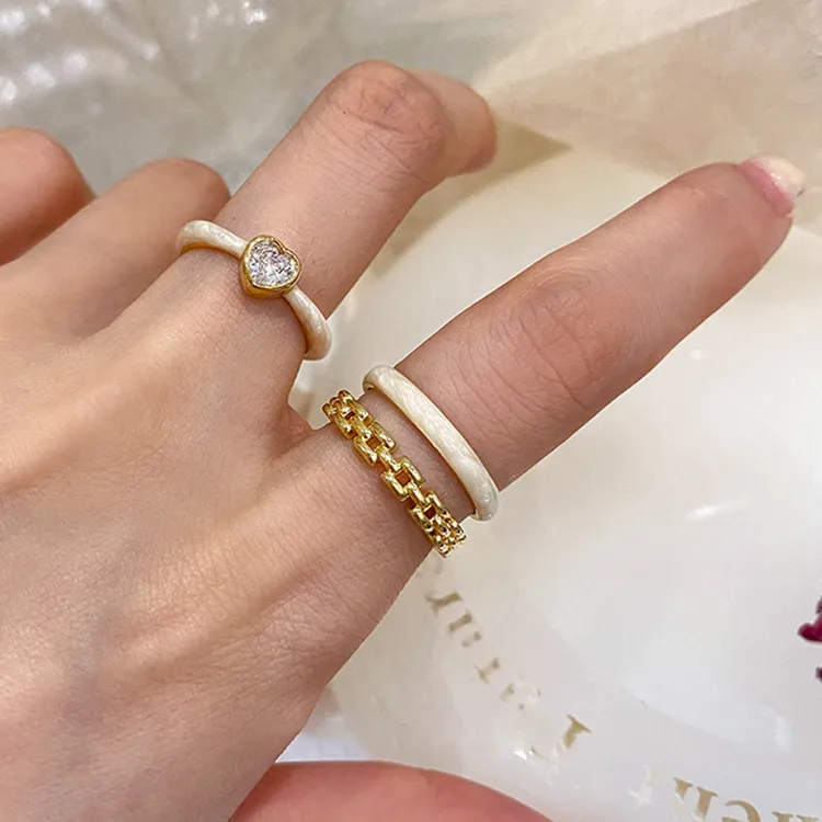 饰忆客 铜合金戒指 爱心白色滴油双层开口戒指小众设计轻奢指环戒