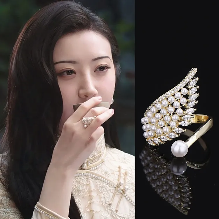 铜合金戒指 时尚百搭天使之翼珠珠翅膀开口戒轻奢羽毛复古戒指女