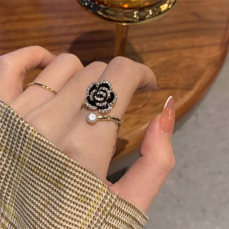 铜合金戒指 韩国法式黑色山茶花开口戒指女高级感轻奢气质指环戒