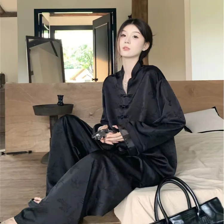   重磅新中式上衣衬衫+长裤复古提花轻国风防晒套装春秋宽松新款