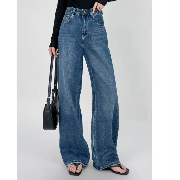 高腰牛仔阔腿裤宽松显瘦2024秋冬季新款港风复古垂感直筒拖地裤