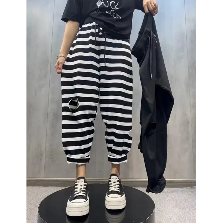 女子春季新款薄款高腰抽绳破洞哈伦裤胖mm小个子显瘦九分休闲裤子