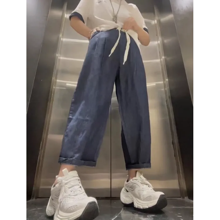 格洛森女装夏季新款薄款宽松显瘦哈伦牛仔裤小个子八分弯刀奶奶裤